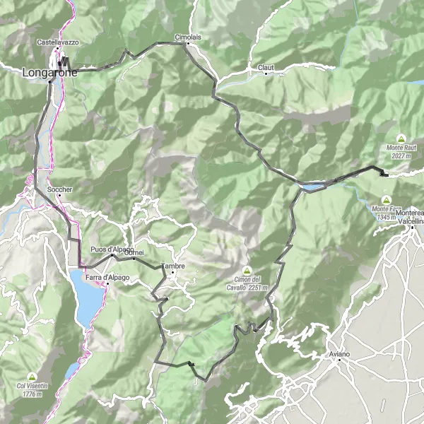 Map miniature of "Puos d'Alpago Panoramic Ride" cycling inspiration in Veneto, Italy. Generated by Tarmacs.app cycling route planner