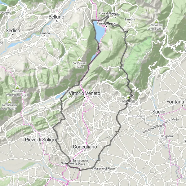 Miniatua del mapa de inspiración ciclista "Ruta Escénica por Farra d'Alpago y Tarzo" en Veneto, Italy. Generado por Tarmacs.app planificador de rutas ciclistas