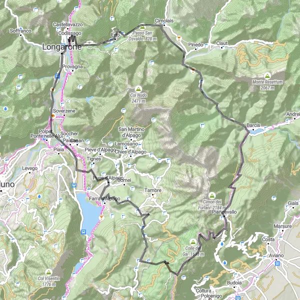 Miniatua del mapa de inspiración ciclista "Ruta de ciclismo de carretera a través de Puos d'Alpago y Barcis" en Veneto, Italy. Generado por Tarmacs.app planificador de rutas ciclistas