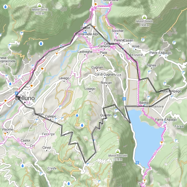 Karttaminiaatyyri "Puos d'Alpago - Nevegalin kierros" pyöräilyinspiraatiosta alueella Veneto, Italy. Luotu Tarmacs.app pyöräilyreittisuunnittelijalla