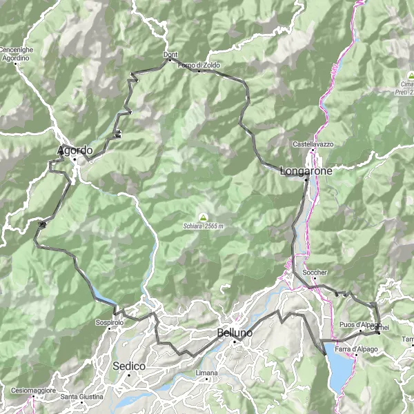 Miniatua del mapa de inspiración ciclista "Ruta de ciclismo de carretera a través de Puos d'Alpago" en Veneto, Italy. Generado por Tarmacs.app planificador de rutas ciclistas