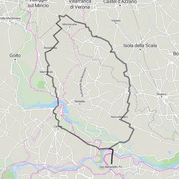 Miniatura della mappa di ispirazione al ciclismo "Giro in bicicletta attraverso Nosedole, Pietole e Isola fiori loto" nella regione di Veneto, Italy. Generata da Tarmacs.app, pianificatore di rotte ciclistiche