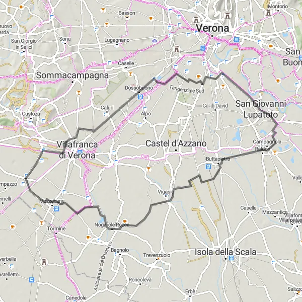 Zemljevid v pomanjšavi "Okoliška pot skozi Nogarole Rocca in Mozzecane" kolesarske inspiracije v Veneto, Italy. Generirano z načrtovalcem kolesarskih poti Tarmacs.app