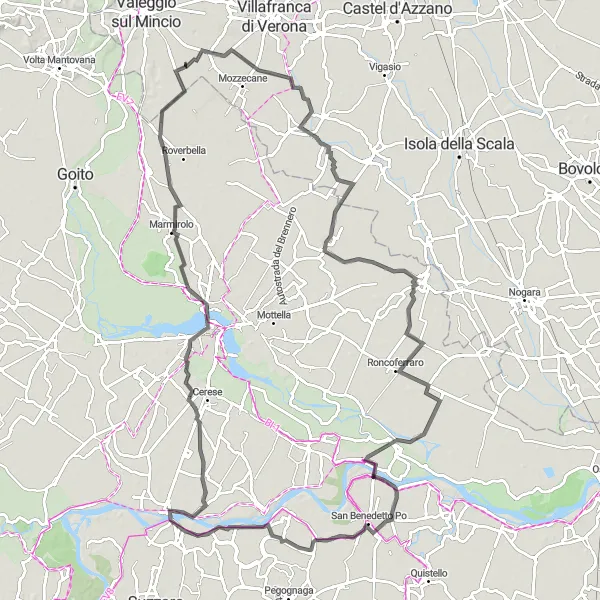 Miniatura della mappa di ispirazione al ciclismo "Tour in bicicletta tra Castelbelforte, Nosedole e Remelli" nella regione di Veneto, Italy. Generata da Tarmacs.app, pianificatore di rotte ciclistiche