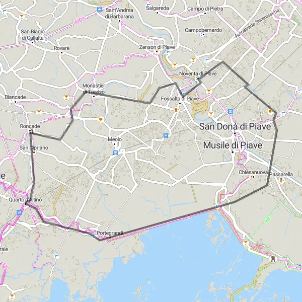 Map miniature of "Monastier di Treviso Loop" cycling inspiration in Veneto, Italy. Generated by Tarmacs.app cycling route planner