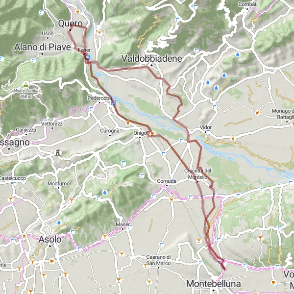 Mapa miniatúra "Gravelová trasa cez Crocetta del Montello a Quero" cyklistická inšpirácia v Veneto, Italy. Vygenerované cyklistickým plánovačom trás Tarmacs.app