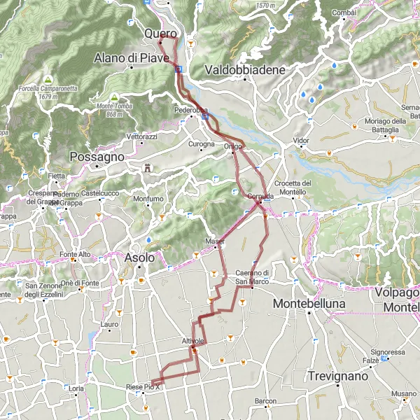 Miniatua del mapa de inspiración ciclista "Explorando caminos de gravilla" en Veneto, Italy. Generado por Tarmacs.app planificador de rutas ciclistas