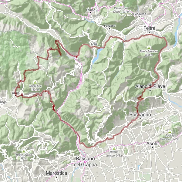Miniatuurkaart van de fietsinspiratie "Off-road avontuur door de Monte Tomba" in Veneto, Italy. Gemaakt door de Tarmacs.app fietsrouteplanner