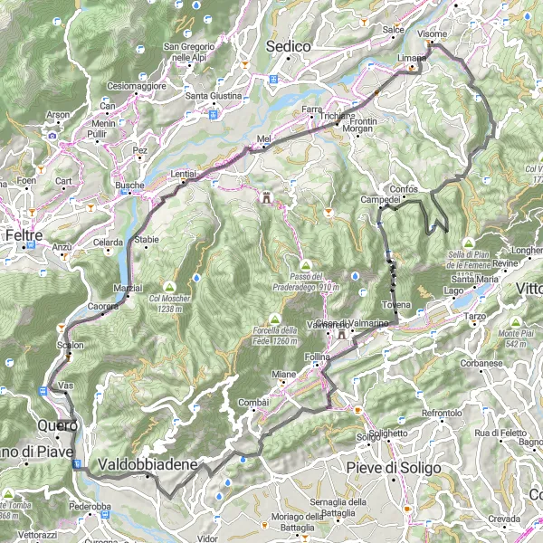 Kartminiatyr av "Äventyrlig rutt till Monte Castelìr" cykelinspiration i Veneto, Italy. Genererad av Tarmacs.app cykelruttplanerare