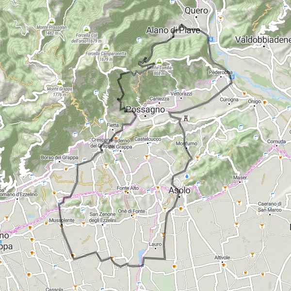 Miniatua del mapa de inspiración ciclista "Desafiante ruta de ciclismo en carretera cerca de Quero" en Veneto, Italy. Generado por Tarmacs.app planificador de rutas ciclistas