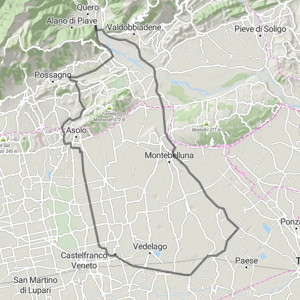 Mapa miniatúra "Trasa s výhľadmi na Musano a Monte la Castella" cyklistická inšpirácia v Veneto, Italy. Vygenerované cyklistickým plánovačom trás Tarmacs.app