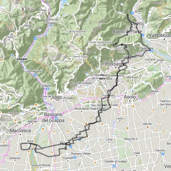 Mapa miniatúra "Road Trip to Monte Cornella" cyklistická inšpirácia v Veneto, Italy. Vygenerované cyklistickým plánovačom trás Tarmacs.app