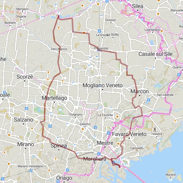 Mapa miniatúra "Gravel okruh cez Marcon a Zero Branco" cyklistická inšpirácia v Veneto, Italy. Vygenerované cyklistickým plánovačom trás Tarmacs.app