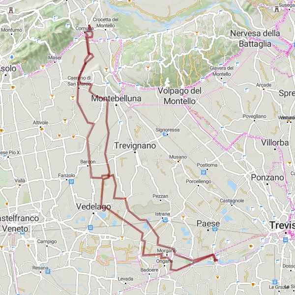 Map miniature of "Essence of Veneto: Discovering Gravel Roads" cycling inspiration in Veneto, Italy. Generated by Tarmacs.app cycling route planner