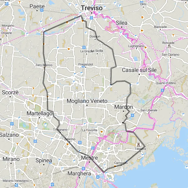 Miniatuurkaart van de fietsinspiratie "Wegentocht via Dosson, Marcon, Mestre, Zero Branco" in Veneto, Italy. Gemaakt door de Tarmacs.app fietsrouteplanner