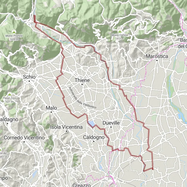 Miniaturní mapa "Gravelová okružní cyklistická trasa" inspirace pro cyklisty v oblasti Veneto, Italy. Vytvořeno pomocí plánovače tras Tarmacs.app