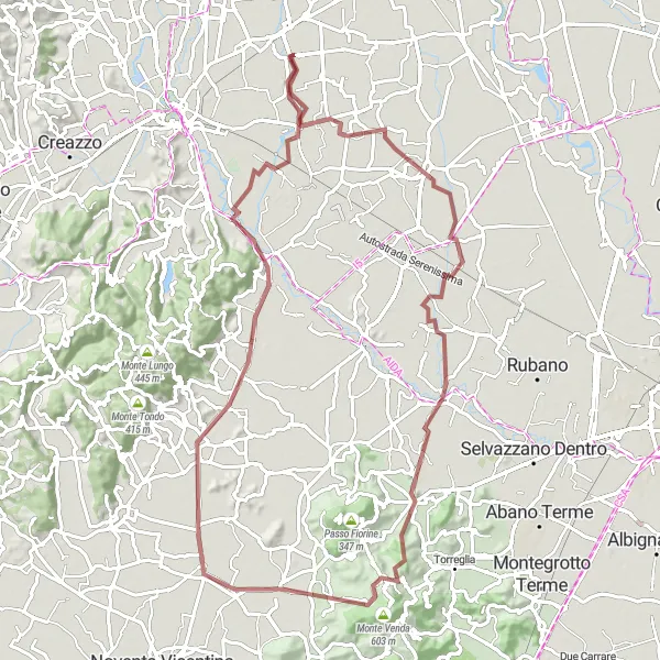 Miniaturní mapa "Gravelová cyklotrasa kolem Quinto Vicentino" inspirace pro cyklisty v oblasti Veneto, Italy. Vytvořeno pomocí plánovače tras Tarmacs.app