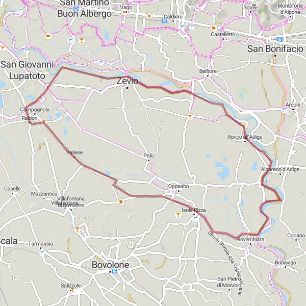 Mapa miniatúra "Cyklovýlet cez Zevio, Ronco all'Adige, Isolu Rizzu a Cà degli Oppi" cyklistická inšpirácia v Veneto, Italy. Vygenerované cyklistickým plánovačom trás Tarmacs.app