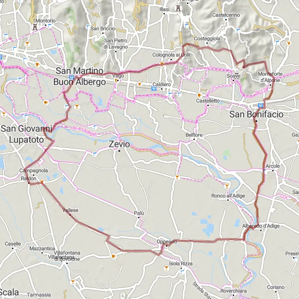 Miniatura della mappa di ispirazione al ciclismo "Avventuroso giro in gravel da Raldon ad Arcole" nella regione di Veneto, Italy. Generata da Tarmacs.app, pianificatore di rotte ciclistiche