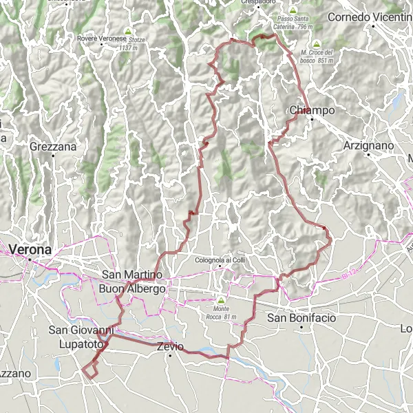 Miniatura della mappa di ispirazione al ciclismo "Avventura in gravel da San Martino Buon Albergo a Zevio" nella regione di Veneto, Italy. Generata da Tarmacs.app, pianificatore di rotte ciclistiche