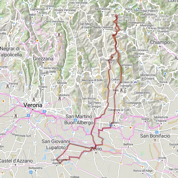 Miniatuurkaart van de fietsinspiratie "Uitdagende graveltocht Illasi - Serio - Monte Precastio - Tregnago - Zevio" in Veneto, Italy. Gemaakt door de Tarmacs.app fietsrouteplanner