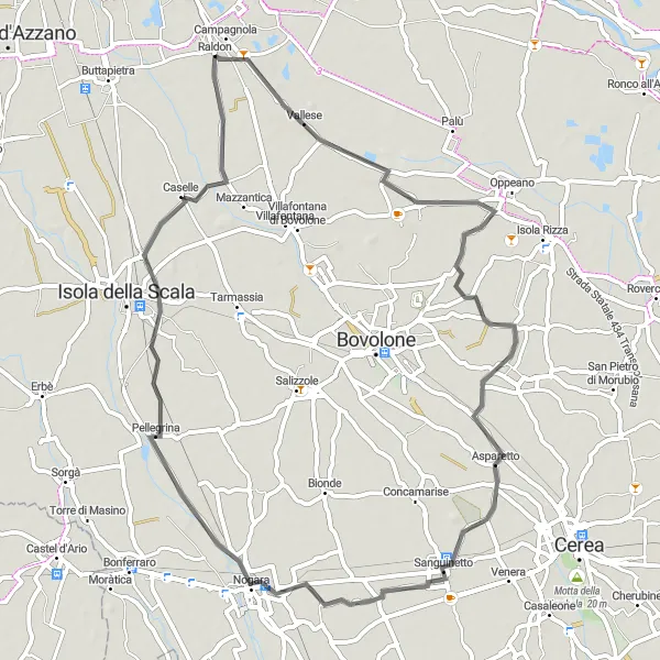 Miniatura della mappa di ispirazione al ciclismo "Giro in bici su strada tra Raldon e Nogara" nella regione di Veneto, Italy. Generata da Tarmacs.app, pianificatore di rotte ciclistiche