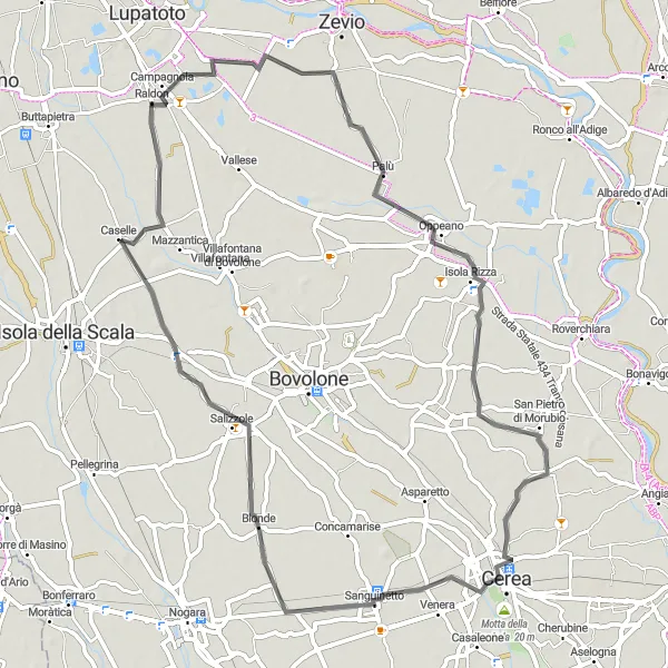 Mapa miniatúra "Cyklotúra cez Isolu Rizzu, Cereu, Sanguinetto a Salizzole" cyklistická inšpirácia v Veneto, Italy. Vygenerované cyklistickým plánovačom trás Tarmacs.app