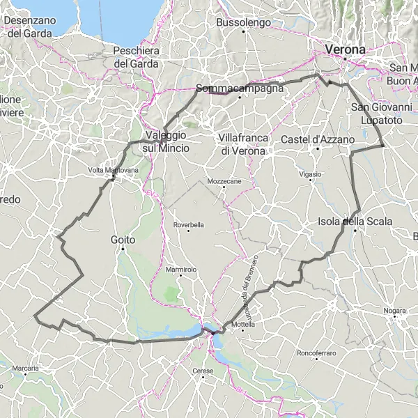 Miniatura della mappa di ispirazione al ciclismo "Giro in bicicletta da Raldon a Mantova" nella regione di Veneto, Italy. Generata da Tarmacs.app, pianificatore di rotte ciclistiche