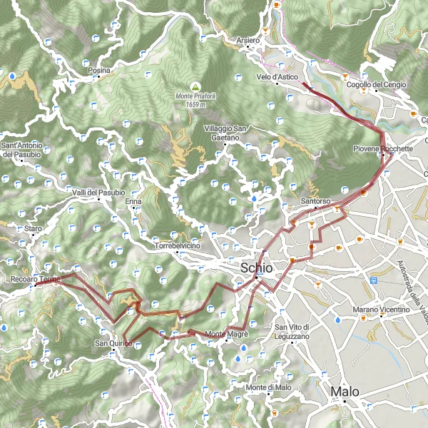 Map miniature of "Recoaro Terme - Schio - Monte Civillina" cycling inspiration in Veneto, Italy. Generated by Tarmacs.app cycling route planner