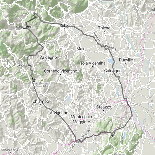 Map miniature of "Recoaro Terme - Altissimo - Monte Pulli" cycling inspiration in Veneto, Italy. Generated by Tarmacs.app cycling route planner