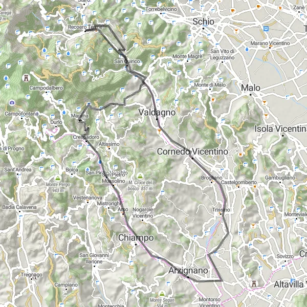 Mapa miniatúra "Trasa cez Monte Bregonza a Recoaro Terme" cyklistická inšpirácia v Veneto, Italy. Vygenerované cyklistickým plánovačom trás Tarmacs.app