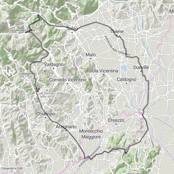 Kartminiatyr av "Landevei til Recoaro Terme via Valli del Pasubio og Monte Pulli" sykkelinspirasjon i Veneto, Italy. Generert av Tarmacs.app sykkelrutoplanlegger