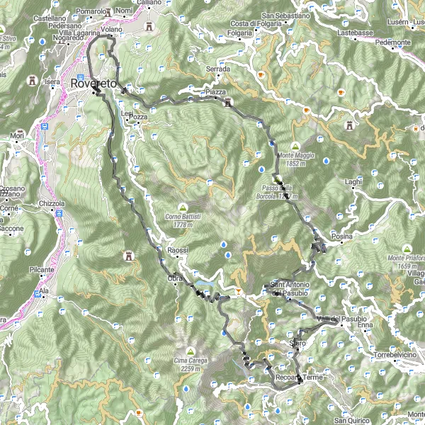 Karten-Miniaturansicht der Radinspiration "Herausfordernde Tour über Pian delle Fugazze" in Veneto, Italy. Erstellt vom Tarmacs.app-Routenplaner für Radtouren