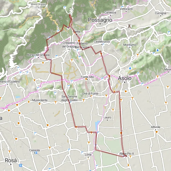 Miniaturekort af cykelinspirationen "Grusveje omkring Riese Pio X" i Veneto, Italy. Genereret af Tarmacs.app cykelruteplanlægger