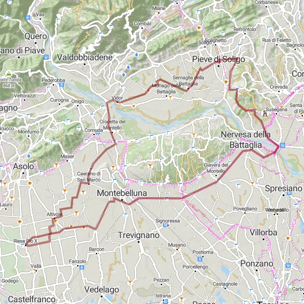 Map miniature of "Scenic Gravel Cycling Around Pieve di Soligo" cycling inspiration in Veneto, Italy. Generated by Tarmacs.app cycling route planner