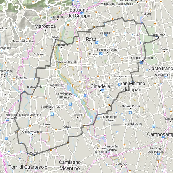 Miniatura della mappa di ispirazione al ciclismo "Scenic Road Ride from Riese Pio X to Nove" nella regione di Veneto, Italy. Generata da Tarmacs.app, pianificatore di rotte ciclistiche