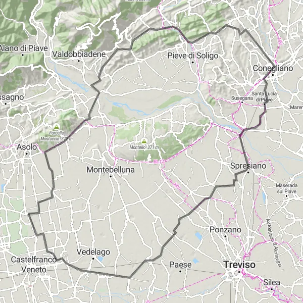 Miniatura della mappa di ispirazione al ciclismo "Avventura ciclistica attraverso Conegliano e Spresiano" nella regione di Veneto, Italy. Generata da Tarmacs.app, pianificatore di rotte ciclistiche