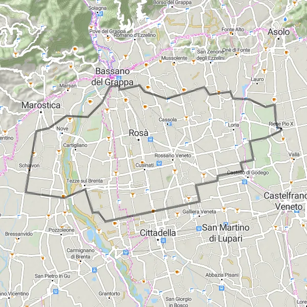 Miniatuurkaart van de fietsinspiratie "Riese Pio X en de omgeving per fiets" in Veneto, Italy. Gemaakt door de Tarmacs.app fietsrouteplanner