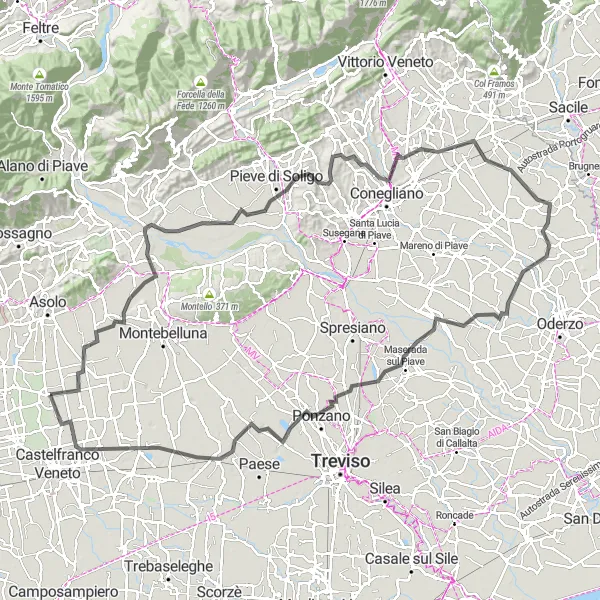 Kartminiatyr av "Rundtur till San Polo di Piave" cykelinspiration i Veneto, Italy. Genererad av Tarmacs.app cykelruttplanerare