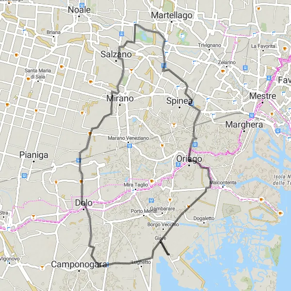 Mapa miniatúra "Okruh cez Cazzago a Robegano" cyklistická inšpirácia v Veneto, Italy. Vygenerované cyklistickým plánovačom trás Tarmacs.app