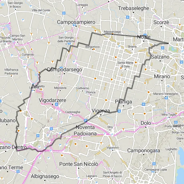 Miniatura della mappa di ispirazione al ciclismo "Itinerario ciclistico attraverso Robegano e Limena" nella regione di Veneto, Italy. Generata da Tarmacs.app, pianificatore di rotte ciclistiche