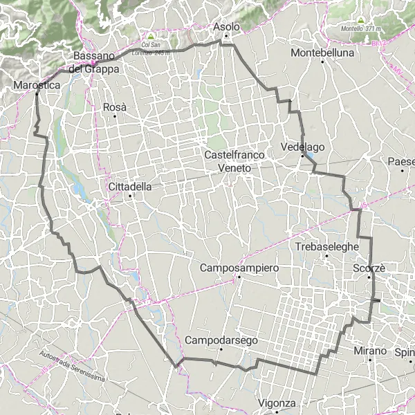 Map miniature of "Robegano - Salzano - Campocroce - Col di Grado - San Zenone degli Ezzelini - Col Marbian - Barcon - Cavasagra - Rio San Martino" cycling inspiration in Veneto, Italy. Generated by Tarmacs.app cycling route planner