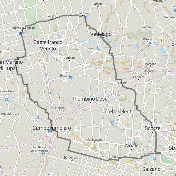 Mapa miniatúra "Cyklotrasa cez Camposampiero a Castello di Godego" cyklistická inšpirácia v Veneto, Italy. Vygenerované cyklistickým plánovačom trás Tarmacs.app