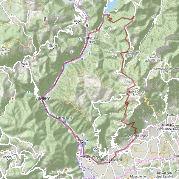 Miniatua del mapa de inspiración ciclista "Ruta de 68 km desde Romano d'Ezzelino" en Veneto, Italy. Generado por Tarmacs.app planificador de rutas ciclistas