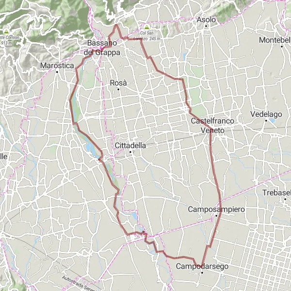 Miniatura della mappa di ispirazione al ciclismo "Percorso in bicicletta su sterrato di 97 km tra Romano d'Ezzelino e Bassano del Grappa" nella regione di Veneto, Italy. Generata da Tarmacs.app, pianificatore di rotte ciclistiche