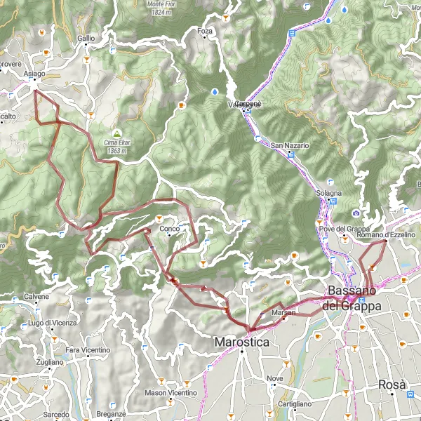 Miniatura della mappa di ispirazione al ciclismo "Circuito in bicicletta sterrato vicino a Romano d'Ezzelino" nella regione di Veneto, Italy. Generata da Tarmacs.app, pianificatore di rotte ciclistiche