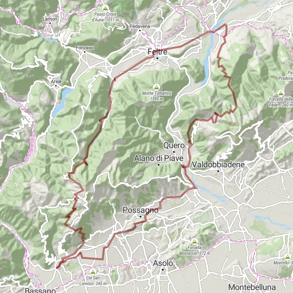 Miniatura mapy "Ekscytująca Trasa Gravel wokół Monte Grappa" - trasy rowerowej w Veneto, Italy. Wygenerowane przez planer tras rowerowych Tarmacs.app