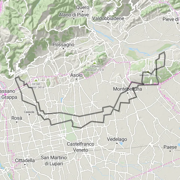 Kartminiatyr av "Vägcykling genom Montello och Loria" cykelinspiration i Veneto, Italy. Genererad av Tarmacs.app cykelruttplanerare