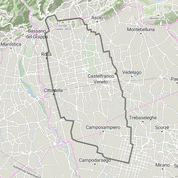 Miniaturní mapa "Výlet kolem Massanzago" inspirace pro cyklisty v oblasti Veneto, Italy. Vytvořeno pomocí plánovače tras Tarmacs.app