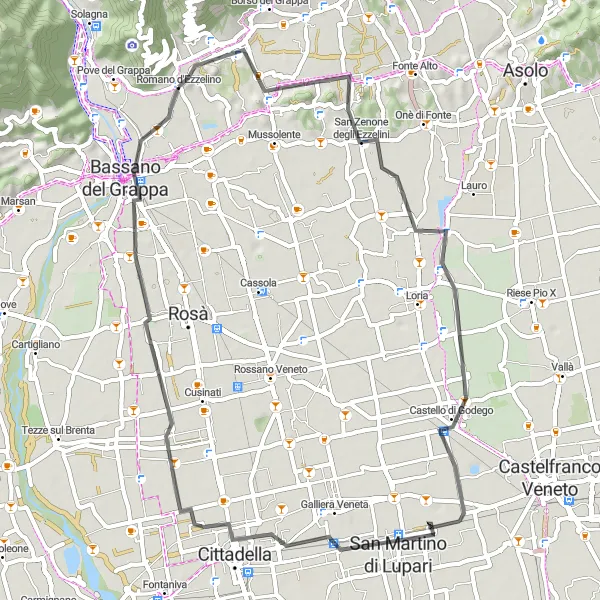 Miniatura della mappa di ispirazione al ciclismo "In sella per 56 km tra Romano d'Ezzelino e Bassano del Grappa" nella regione di Veneto, Italy. Generata da Tarmacs.app, pianificatore di rotte ciclistiche